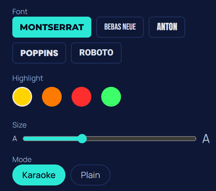 The clip editor's caption controls: five fonts, four highlight colours, a size slider and the karaoke or plain mode.