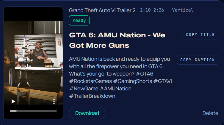 A clip in the library: the thumbnail, the hook headline with a Copy title button, the description with hashtags and a Copy caption button, and the Download button.