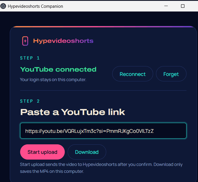 The Companion window: YouTube connected, a link pasted in Step 2, ready to start the upload.