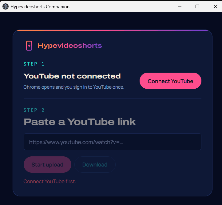 The Companion window: Step 1 shows “YouTube not connected” with a Connect YouTube button.